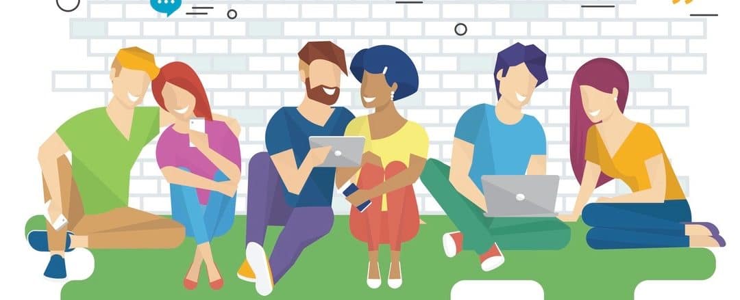 Community vector illustration of young people using gadgets such as smartphone, tablet and laptop sitting on floor and talking as part of community. Flat design of internet addiction and communication