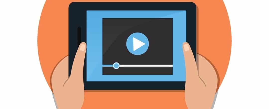 Hands holding tablet with video player on screen. Vector flat illustration.