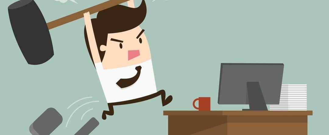 Furious frustated businessman hitting the computer, vector illustration