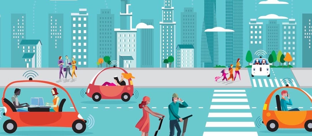 Road in the city with autonomous Driverless cars and people walking on the street. In the background skyline skyscrapers.