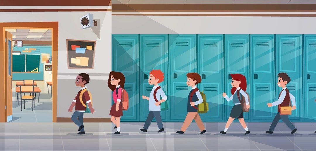 Group Of Pupils Walking In School Corridor To Class Room, Mix Race Schoolchildren Flat Vector Illustration