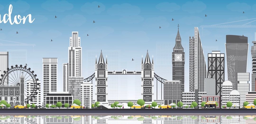 London Skyline with Gray Buildings, Blue Sky and Reflections. Vector Illustration.