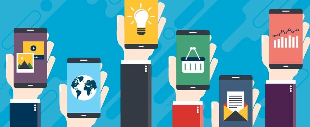 Vector illustration of raised hands holding smart phones with icons of e-commerce, chart finance, e-mail, photo and video, map of world and lamp. Concepts marketing, business and communications.