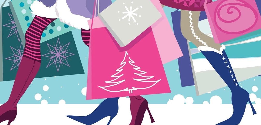 Vector illustration of two girls with shopping bags in winter