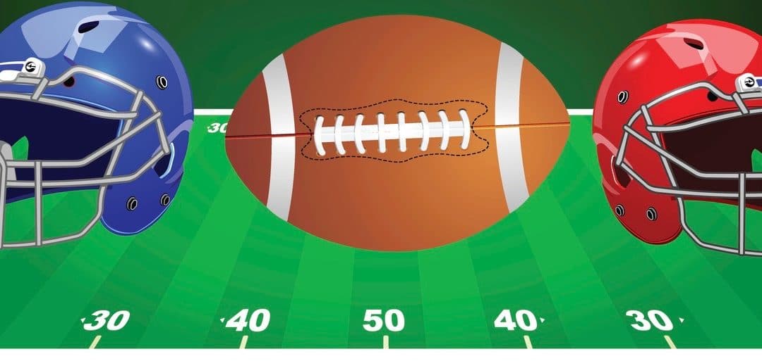 Vector illustration. Set of sport equipment. American football. Helmets and ball.