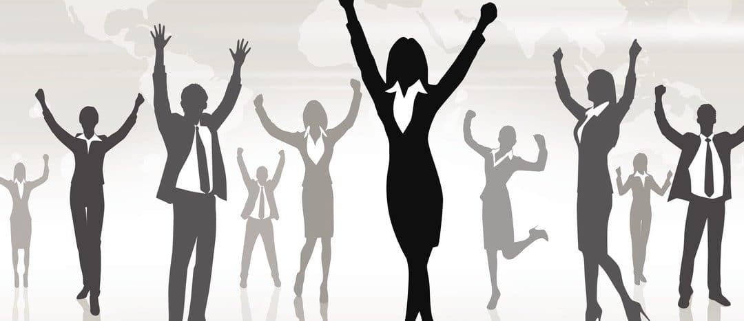 Business People Group Silhouette Excited Hold Hands Up Raised Arms, Businessman Concept Winner Success Copy Space Vector Illustration