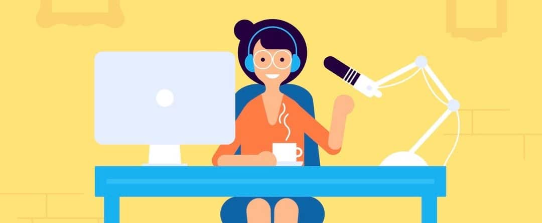 Podcast radio, broadcasting girl character illustration. Studio table with microphone and laptop with broadcast girl. Webcast audio record concept illustration. (Podcast radio, broadcasting girl character illustration. Studio table with microphone and