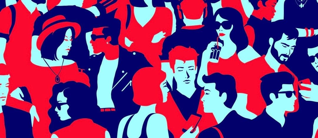 Stylized silhouette of crowd of people, casual mixed group of young adults hanging out, chatting or drinking gathered for nightlife event, simple minimal pop art style flat design vector illustration