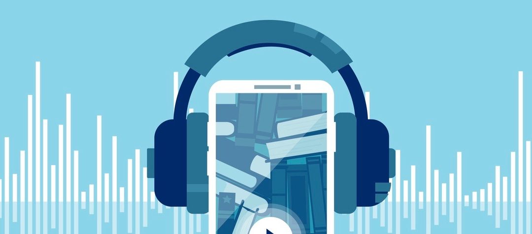 Blue flat design of books with headphones and mobile phone for concept of audio books