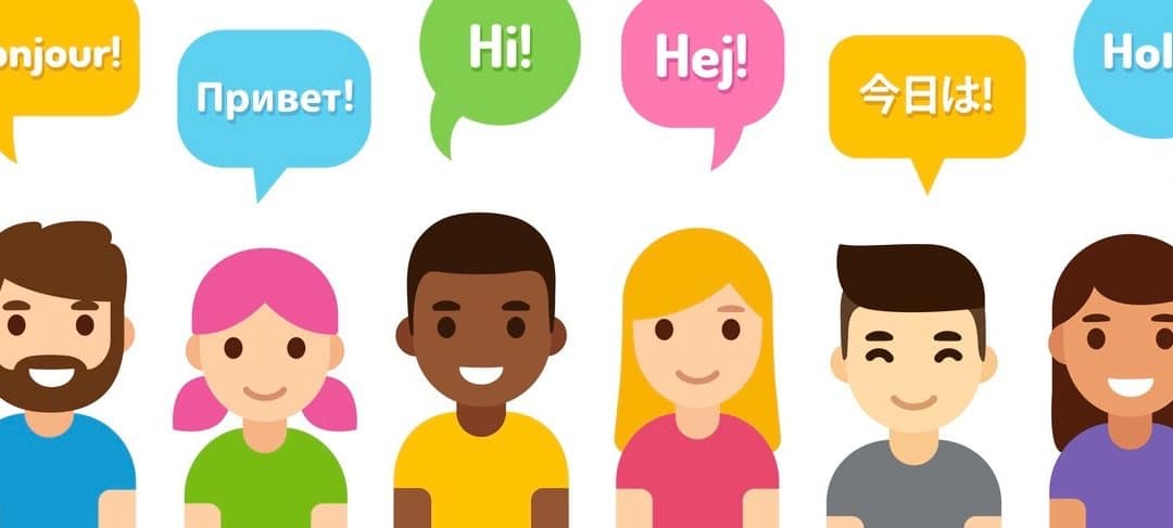 International group of people saying Hi in different languages. Diverse cartoon characters, flat vector style illustration. Learning, education and communication design element. (International group of people saying Hi in different languages. Diverse