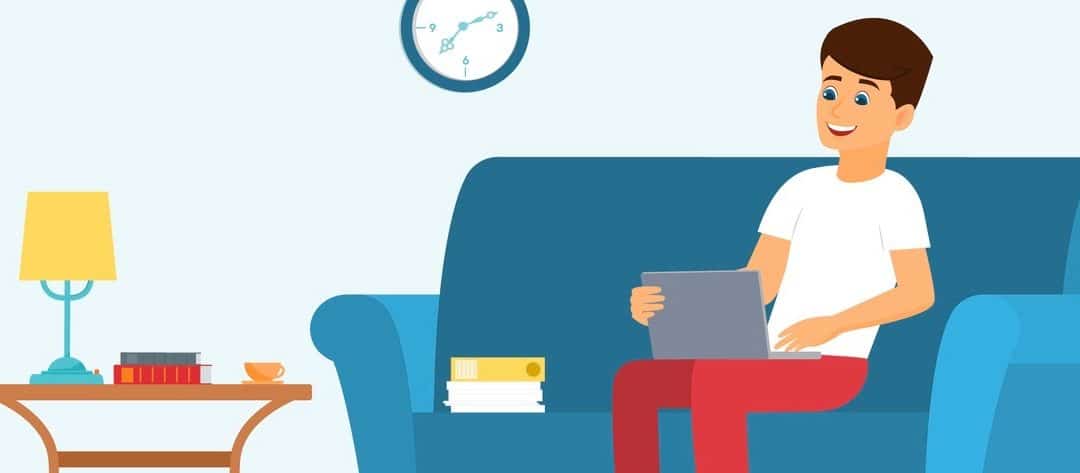 Man on a sofa with leptop. Vector illustration.