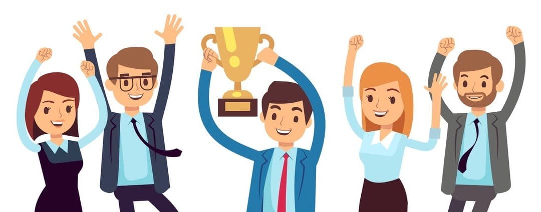 Manager with winning trophy cup and jumping employees. Success business team vector flat concept. People success with cup trophy, victory leader illustration (Manager with winning trophy cup and jumping employees. Success business team vector flat con