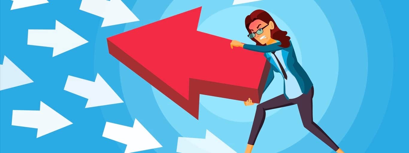 Business Woman Pushing Arrow Vector. Opponent Concept. Opposite Direction. Standing Out From The Crowd. Against Obstacles. Cartoon illustration