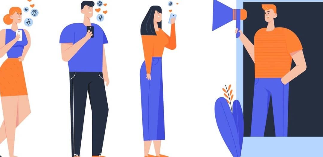 Influencer Marketing Social Media or Network Promotion, Smm Blogging Concept. Man with Megaphone on Screen and Young People with Mobile Phones. Internet Advertisement Cartoon Flat Vector Illustration (Influencer Marketing Social Media or Network Promo