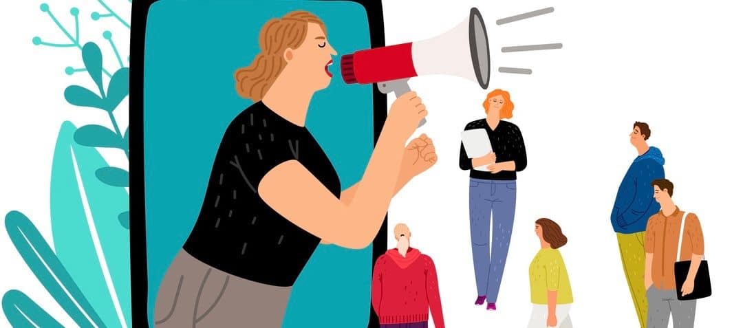 Woman with megaphone. Social media marketing, mobile promotion vector concept with tiny people