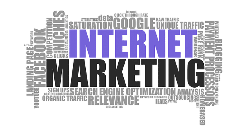 A graphic with buzzwords related to digital marketing against a white background. 