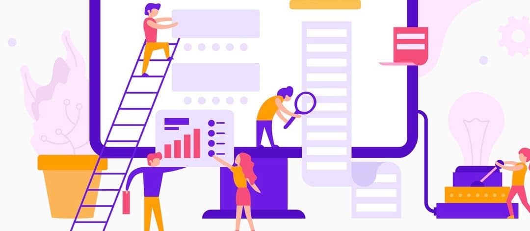 Small people around a monitor make a web site infographic. Teamwork business concept. Business workers together in minimal design vector flat illustration (Small people around a monitor make a web site infographic. Teamwork business concept. Business