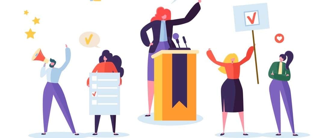 Political Meeting with Female Candidate in Speech. Election Campaign Voting with Characters Holding Vote Banners and Signs. Man and Woman Voters with Megaphone. Vector illustration (Political Meeting with Female Candidate in Speech. Election Campaign