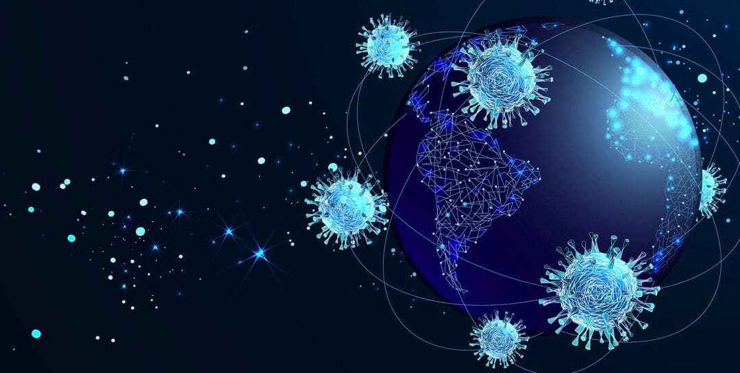 Covid-19. Concept health safety protection coronavirus epidemic 2019 nCoV. Viruses fly around planet Earth. Low poly wireframe style. Vector