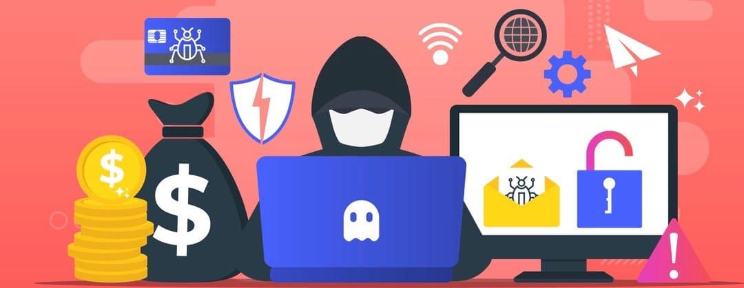 Hacker activity concept, security hacking, online theft, criminals, burglars wearing black masks, stealing personal information from computer.