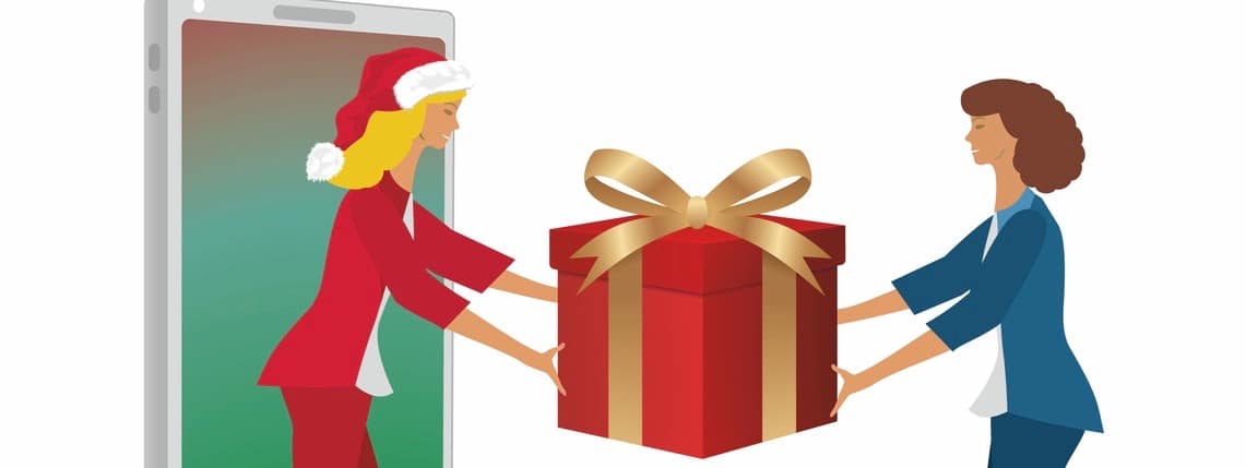 Santa Claus, smart phone and gift box.
