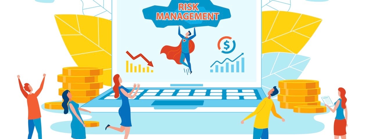 Informative Poster Is Written Risk Management. Development Smm Strategy. On Laptop Screen Man Solves Problems in Progress. People Rejoice at Improving Results. Vector Illustration. (Informative Poster Is Written Risk Management. Development Smm Strate