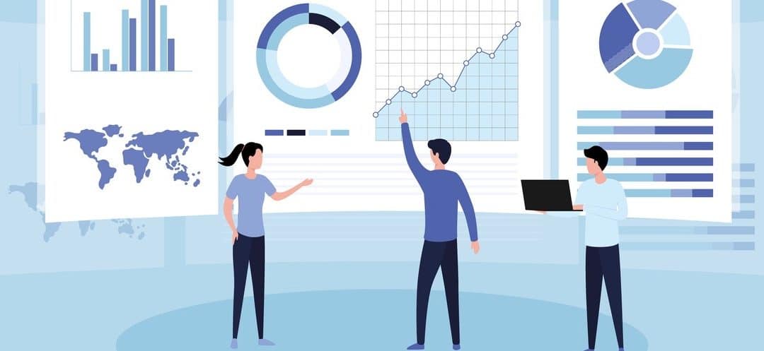 Teamwork of business analysts on holographic charts and diagrams of sales management statistics and operational reports.