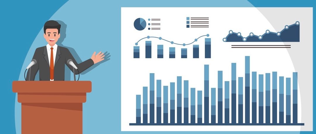 Businessmen giving speech or presenting charts on a whiteboard in meeting room.