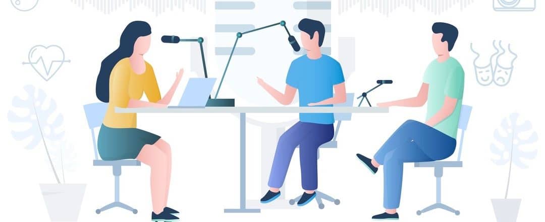 People making podcast in radio studio, vector illustration.