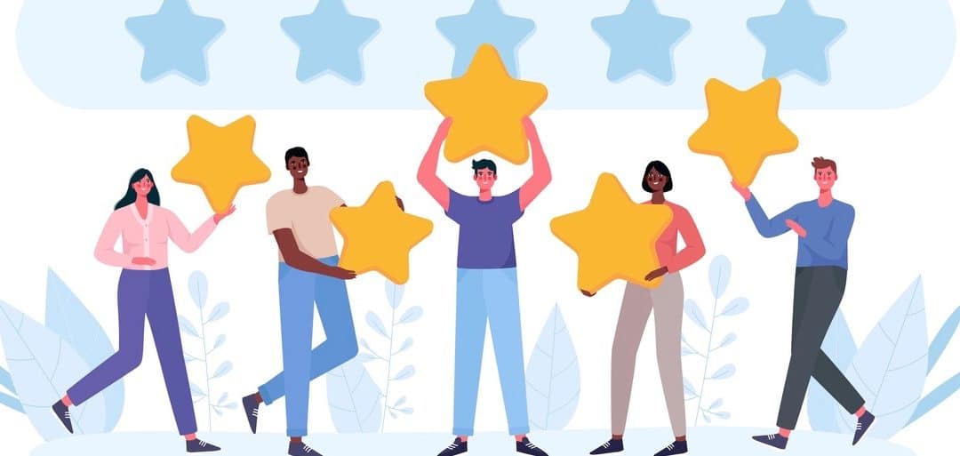 People holding stars, giving five star Feedback.