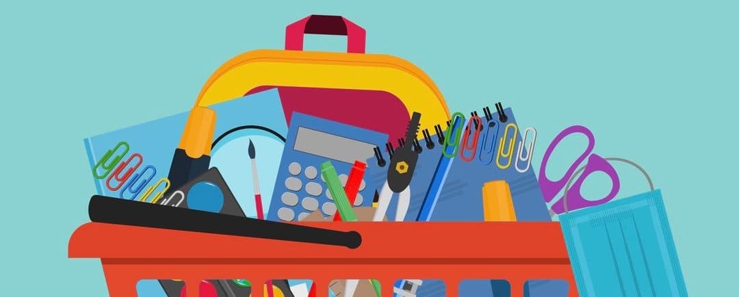 School Supplies In orange shopping basket with protective medical mask.