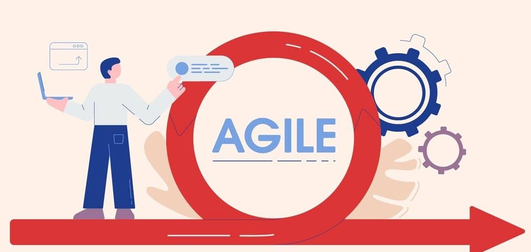 Agile methodology concept. Cartoon male engineer with laptop working on scrum development life cycle process.