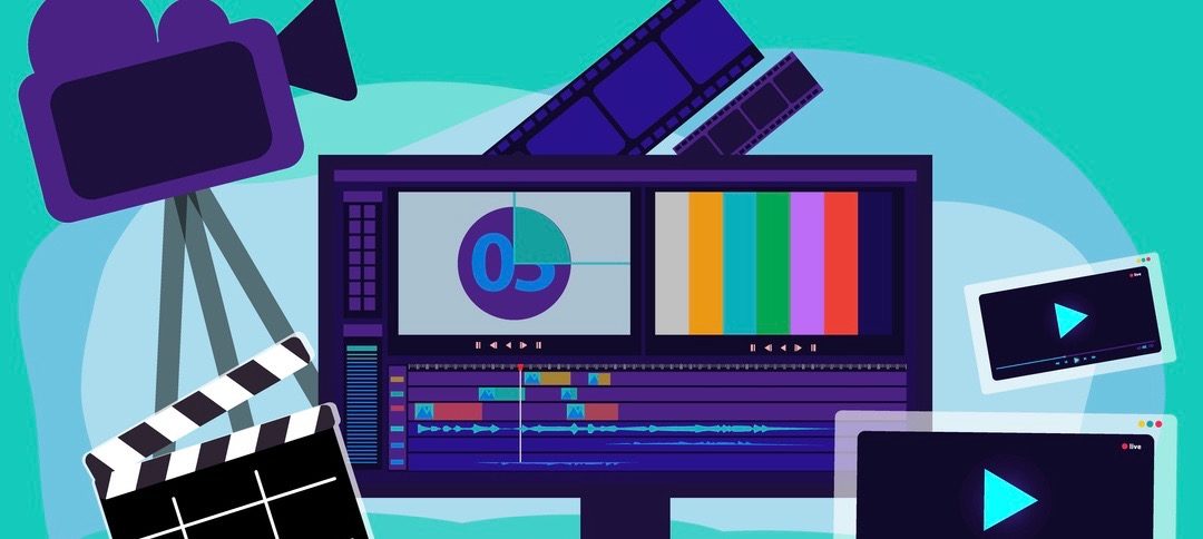 video production vector illustration, film editing monitor, clap board, film strip, camera, video player interface