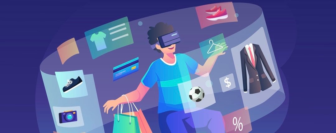 A young man wearing a VR headset is doing a shopping experience in the metaverse.