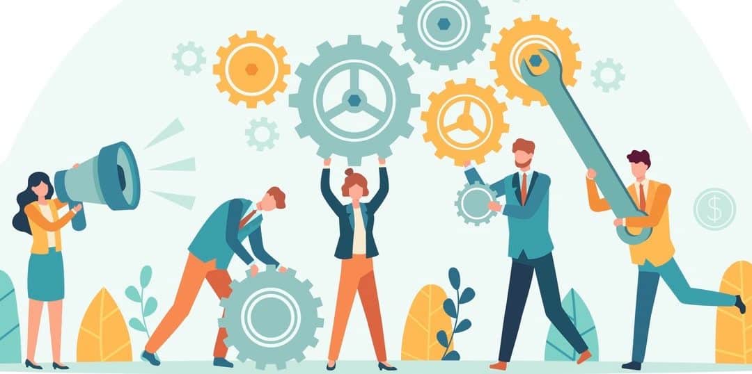 Business people with gears. Employee team create mechanism with cogs, manager with megaphone.