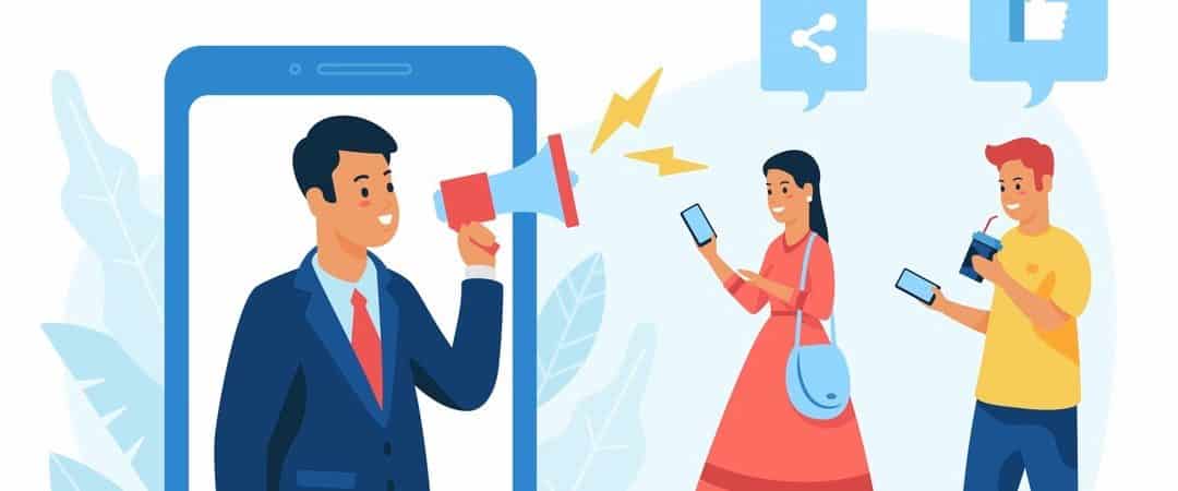 Male cartoon character holding megaphone standing in smartphone screen and attracting customers during social media advertising compaign