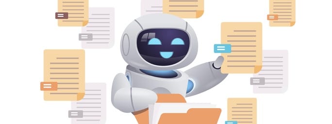 robotic character organizing folder file management paperwork data