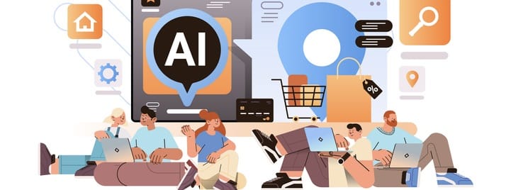 people buying things in computer app with ai shopping assistant helper bot