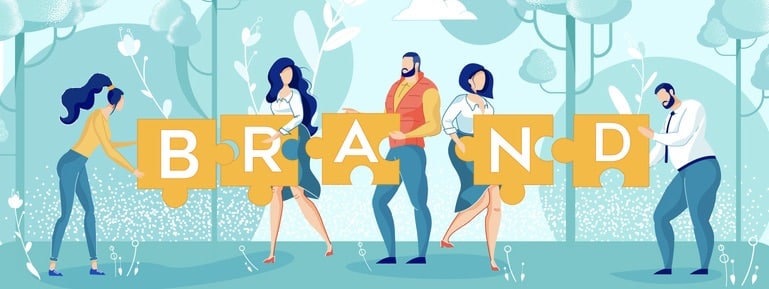 Man and Woman Connecting Jigsaw Pieces with Capital Letters. Branding and Promotion.