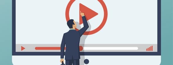 Video tutorial concept. Businessman presses play button.