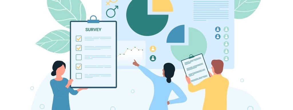 tiny people holding survey list to study society, focus group, gender statistics and discuss report document with graphs and charts