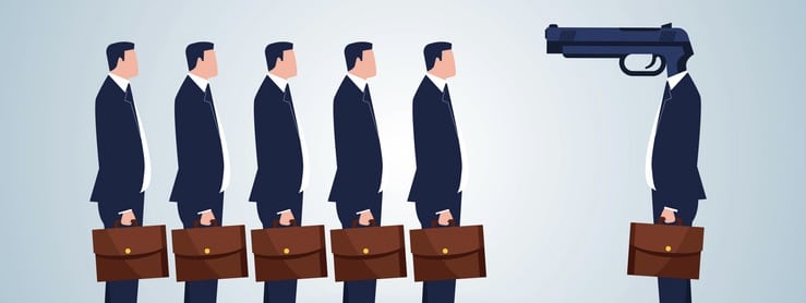 Managers Whose Heads Are Pistols Who Threaten To Stand In A Row Of Employees