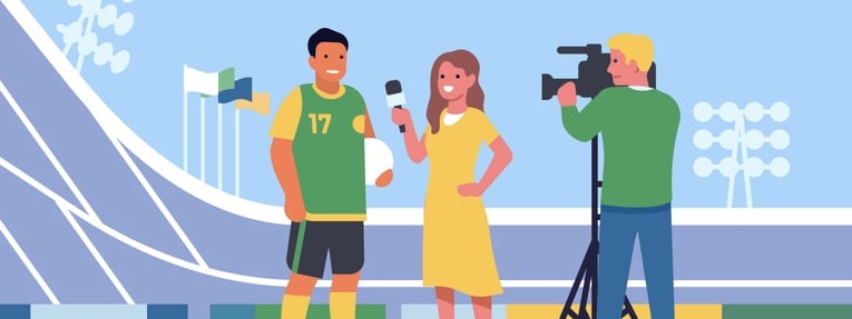 Female Journalist With Cameraman Interviewing Soccer Player.