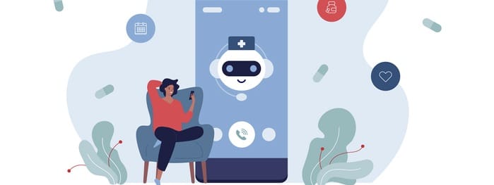 Female Patient Sitting In Chair With Smart Phone In Hand. Chat Bot Character On Smartphone Screen.