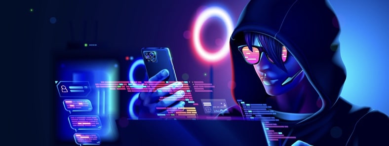 Hacker In Hood Hacking At Computer And Mobile Smartphone In Dark Room.